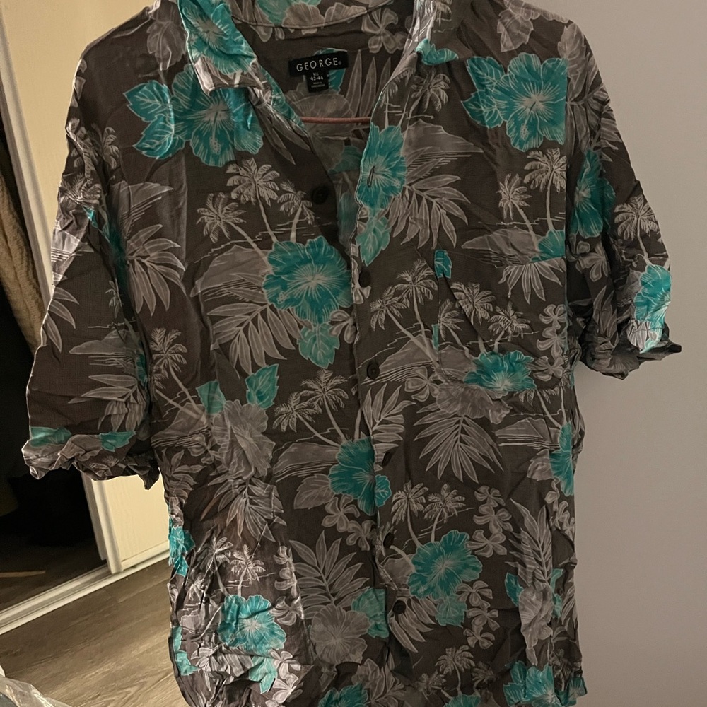Blue and Gray Casual Button Down Shirt with Tropical Print